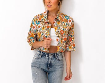 Flower Power Denim Jacket: 70s Retro Cotton Festival Wear