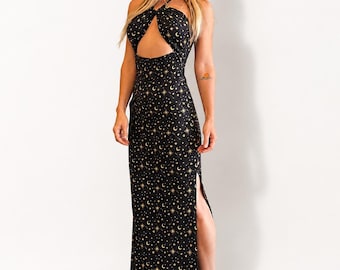 Celestial Maxi Dress: Halter Top, Drawstring, Stretchy Festival Wear
