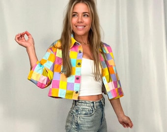 Disco Babe cropped light denim jacket; lightweight cotton jacket with buttons and pocket; Barbie