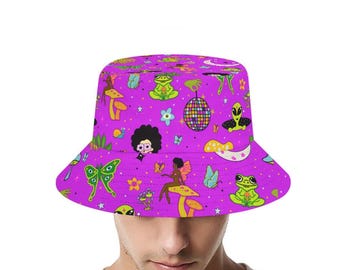 Trippy Hulaween Bucket Hat: Festival Fairy, Frog & Mushroom Design