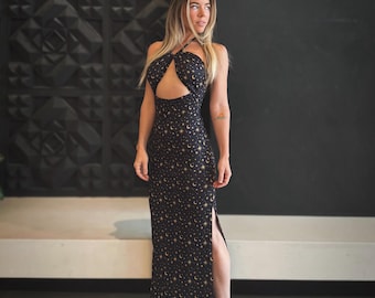 Celestial Maxi Dress: Halter Top, Drawstring, Stretchy Festival Wear