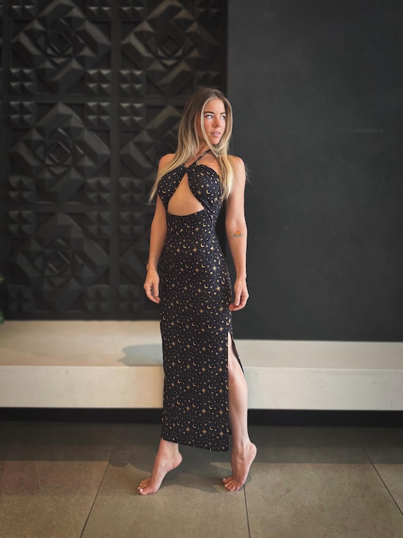 halter night dress Celestial Maxi Dress: Top, Drawstring, Stretchy Festival Wear summer halter dress