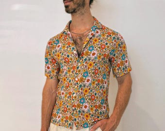 Retro Floral Rayon Button-Down Shirt: Unisex Vacation Wear