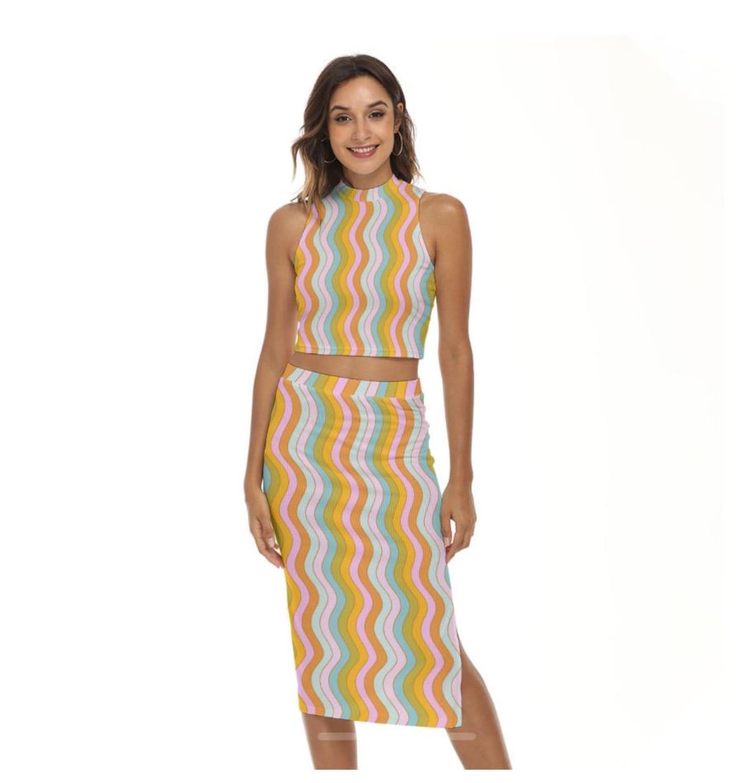 Wavy Rainbow Matching Set; Tank Top and Split High Waisted Skirt — free download