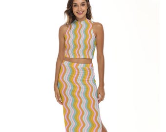 Retro Wavy Two-Piece Set: High-Neck Crop Top & Midi Skirt