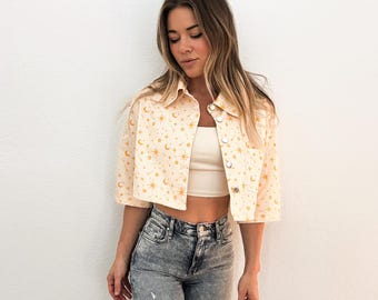 Celestial Cropped Denim Jacket: Retro Sun, Moon, Stars