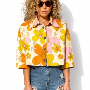 Lolita floral cropped light denim jacket; lightweight cotton jacket with buttons and pocket; Barbie