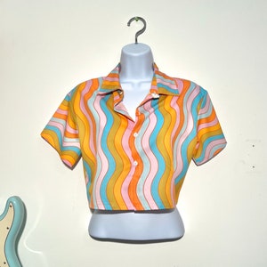 Wavy rainbow button down collared shirt; lightweight colorful shirt; vacation wear; crop top shirt