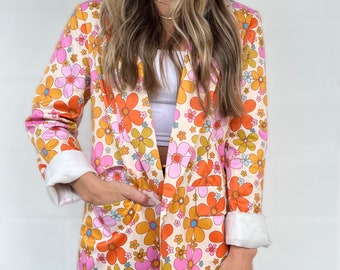 Lolita jacket; 70s inspired flower print blazer; lightweight colorful blazer; spring summer fall jacket; pink orange yellow green floral