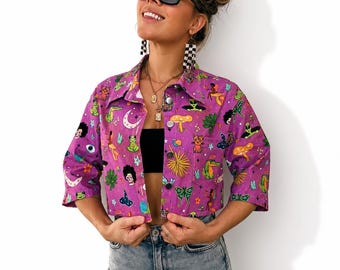Hulaween Cropped Denim Jacket: Trippy Mushroom Music Fest - Cotton Blend