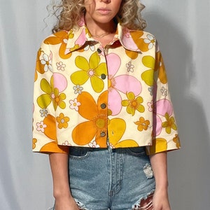 Lolita floral cropped light denim jacket; lightweight cotton jacket with buttons and pocket; Barbie