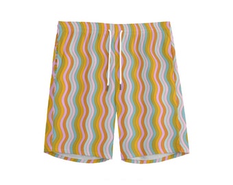 Wavy lounge shorts; retro colorful wavy rainbow cotton shorts with pockets and adjustable drawstring
