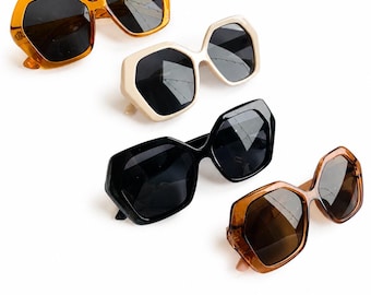 Hexagon sunglasses; oversized sunglasses orange black brown white 70s style