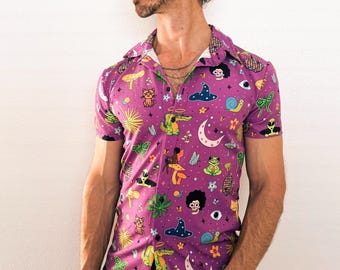 Hulaween Festival Button-Down Shirt and shorts: Retro Psychedelic Design