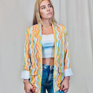 Wavy rainbow blazer; funky psychedelic colorful jacket with pockets; unisex dress jacket