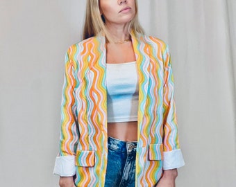 Wavy rainbow blazer; funky psychedelic colorful jacket with pockets; unisex dress jacket