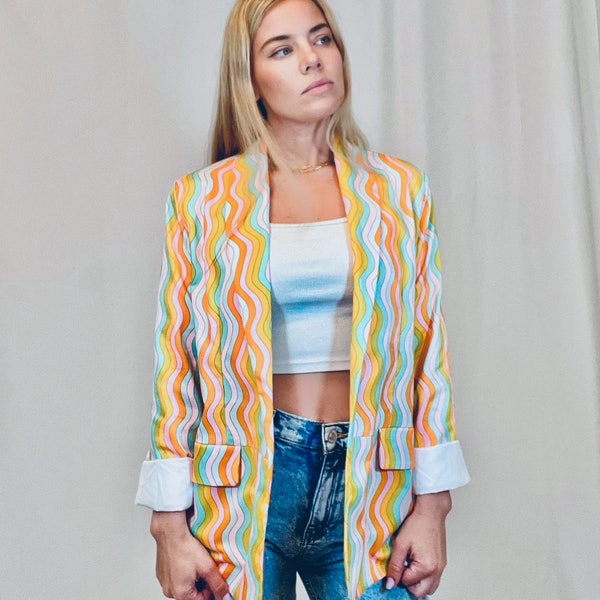 Blazer ondulé arc-en-ciel ; veste colorée psychédélique funky avec poches ; veste habillée unisexe