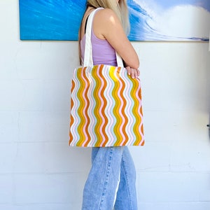 Wavy rainbow tote bag; double sided print cute retro canvas bag; canvas tote bag with retro design; orange pink green retro aesthetic; pride