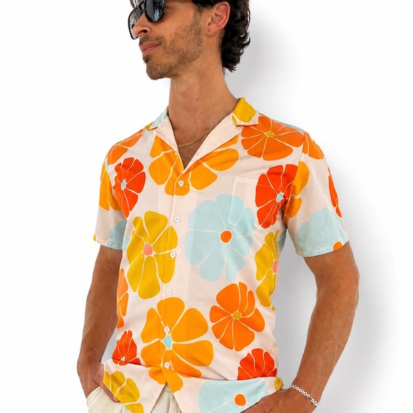 Retro Floral Sunrise Print Button-Down Shirt