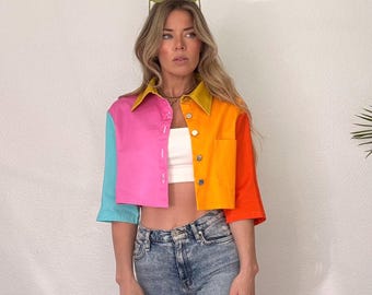 Color Block Cropped Denim Jacket: Lightweight Cotton Street Wear