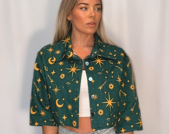 Celestial Cropped Denim Jacket: Retro Sun, Moon & Stars