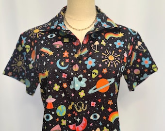 Cosmic Crop Top: Psychedelic Space Print Button-Down Shirt