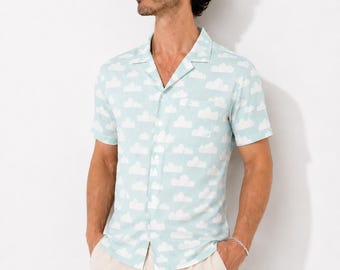 Cloud print mens button down shirt and shorts outfit; festival, resort,  casual outfit