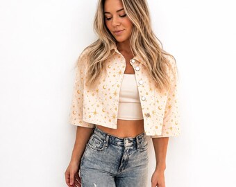 Celestial Cropped Denim Jacket: Retro Sun, Moon, Stars
