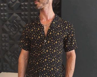 Celestial Cotton Button Down Shirt: Sun, Moon, Stars - Black