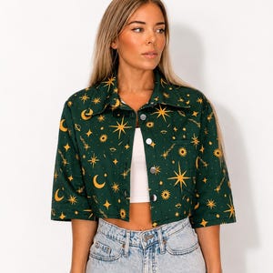 Celestial Cropped Denim Jacket: Retro Sun, Moon & Stars
