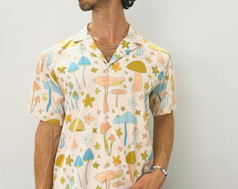 Retro mushroom daisy button down; unisex casual; festival wear; green blue flowers resort wear