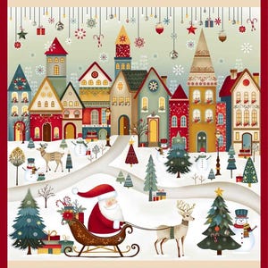 May include: A festive fabric panel featuring a colourful winter village scene with houses, snowmen, and evergreen trees. Santa Claus sits in a sleigh pulled by a reindeer in the foreground. The design is framed by a red and floral border.