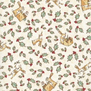 May include: A cream-coloured fabric featuring a repeating pattern of brown rabbits, green holly leaves, and red berries. Some rabbits are shown holding or interacting with brown gift boxes, while others are depicted with sprigs of holly.