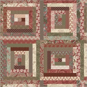 May include: A square quilt featuring a log cabin pattern composed of four large blocks. The design utilises a palette of muted red, sage green, cream, and brown fabrics, each displaying various floral, paisley, and geometric patterns throughout.