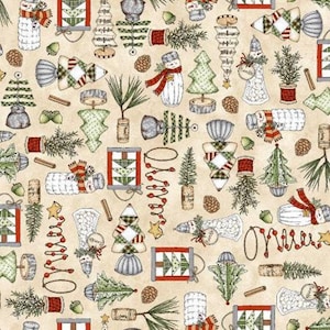 May include: A beige fabric with a repeating pattern of Christmas-themed illustrations. The pattern includes trees, snowmen, ornaments, and other wintery elements. The fabric is ideal for crafting and sewing projects.