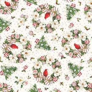 May include: A white background with a repeating pattern of red robins, magnolia blossoms, and Christmas wreaths decorated with red and white candy canes. The wreaths are adorned with green leaves and red berries.