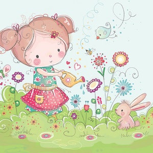 May include: A charming illustration of a girl watering a garden with vibrant flowers. She is dressed in a green floral dress and a red polka-dot apron. A bunny and a bird are also depicted, with hearts and butterflies adding to the scene's charm.