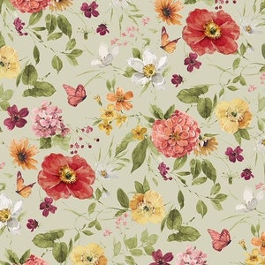 May include: A watercolour floral print fabric featuring a variety of flowers in shades of red, pink, yellow, and white. The fabric also features butterflies and green leaves on a light green background. The text "Blessed by Nature" is printed at the top of the fabric.