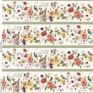 May include: A seamless fabric pattern featuring a repeating design of delicate flowers, birds, and leaves. The pattern is in shades of pink, red, yellow, green, and white, and is set against a white background.