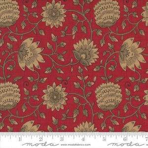 May include: Red fabric with a floral pattern in beige. The pattern features stylised flowers and leaves. The fabric is from Moda Fabrics.