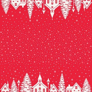 May include: A Christmas-themed design in red and white. The image shows a repeating pattern of white houses, trees, and snowflakes on a red background. Ideal for festive cards, wrapping paper, or seasonal crafts. A charming winter scene.