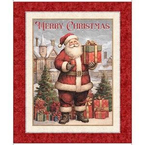 May include: A Christmas-themed illustration of Santa Claus holding presents. Santa is wearing a red suit with white trim, a white beard, and a red hat. The words "Merry Christmas" are at the top. Presents and Christmas trees are in the background.