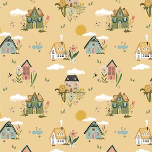 May include: A seamless pattern featuring colourful houses with whimsical details, surrounded by flowers and clouds on a light yellow background.