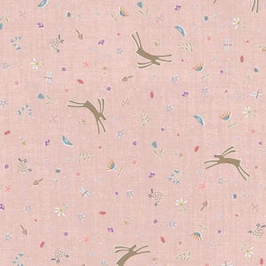 May include: A pink patterned design featuring leaping hares, flowers, leaves, and other small decorative elements in shades of blue, purple, and white. The design has a textured appearance, with a repeating pattern.