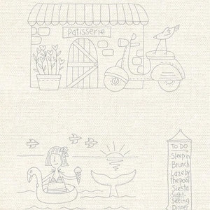 May include: A black and white line drawing illustration of a shop front with a sign that says "Patisserie" and a scooter parked in front. Below the shop front is a black and white line drawing illustration of a mermaid with a tail, a swan float, and a sun with rays. To the right of the mermaid is a black and white line drawing illustration of a to-do list with the text "To Do: Sleep in, Brunch, Laze by the pool, Siesta, Sight-seeing, Dinner".