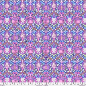 May include: A repeating pattern of pink, purple, blue, and green floral designs on a blue background. The pattern is intricate and detailed, with a variety of shapes and sizes.