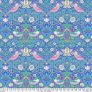 May include: A repeating pattern of stylised birds, flowers and leaves on a blue background. The birds are pink and white with green accents. The flowers are pink and white with green leaves. The background is a deep blue.