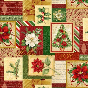 May include: A festive patchwork design with Christmas motifs. The image showcases holly, poinsettias, a Christmas tree, and ribbons. The colour scheme is primarily red, green, and gold, with text reading "Joy" and "Merry Season's Greetings."
