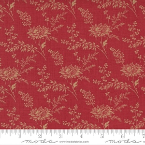 May include: Red fabric with a white floral pattern. The fabric has a subtle texture and features a repeating pattern of small white flowers and leaves.