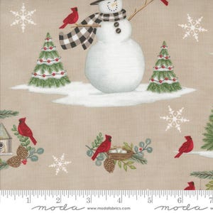 May include: Winter-themed fabric with a snowman wearing a black and white checked scarf, red cardinals, snowflakes, and Christmas trees on a beige background. The fabric has a winter holiday theme.